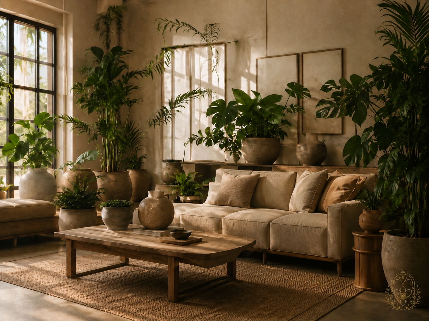 Elegant interior styled with plants, dark walls, and natural light
