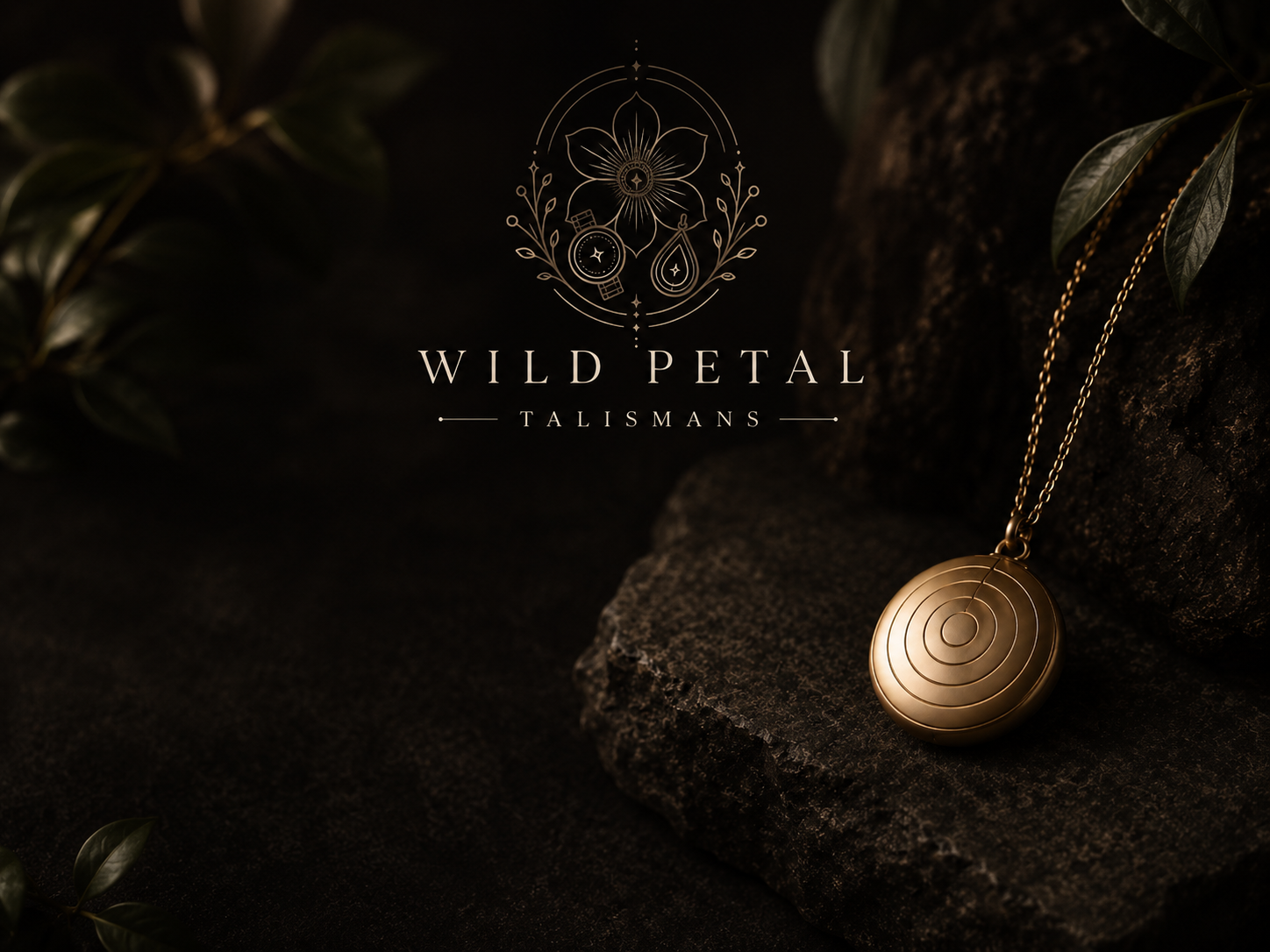 Golden talisman on dark stone for Wild Petal Talismans