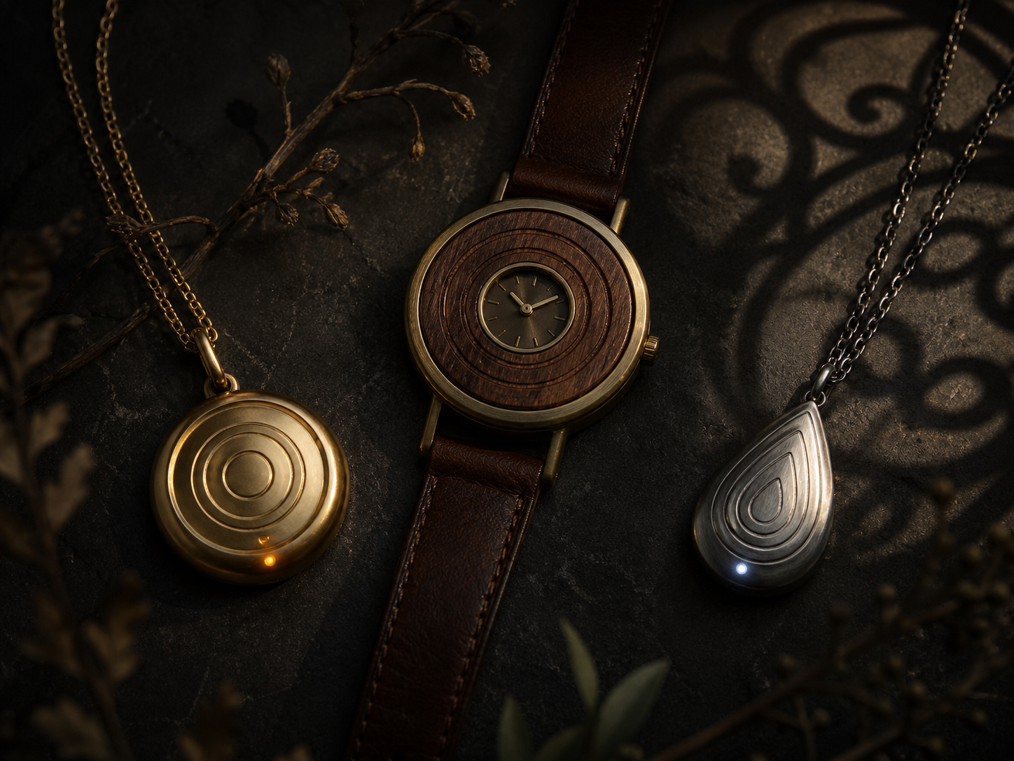 Wild Petal talismans styled together as ritual objects in a dark editorial still life