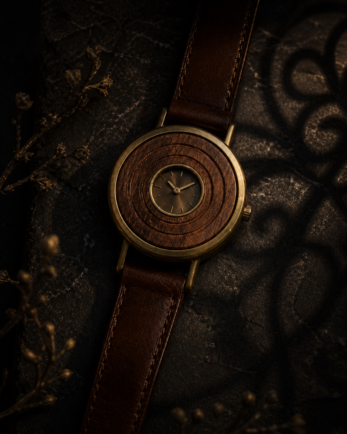 Watch talisman with concentric rings and warm brass tones