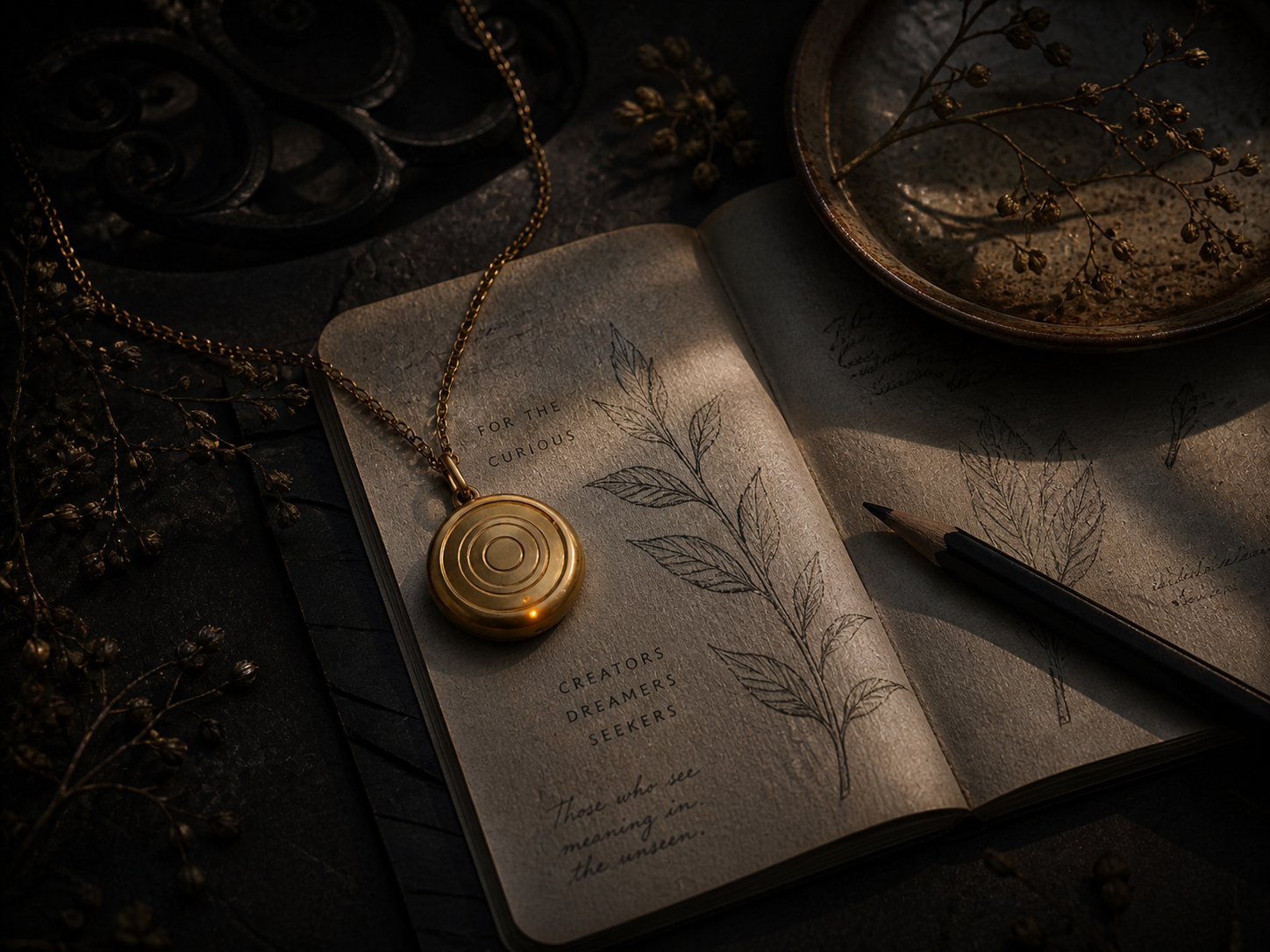 Notebook, pencil, and talisman arranged as an intimate reflection ritual